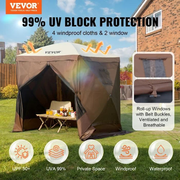 Gazebo med myggnät - VEVOR - Pop-Up Gazebo myggnätstält 4 sidor Solskydd Brun 1,83 x 1,83 x 2,1 m
