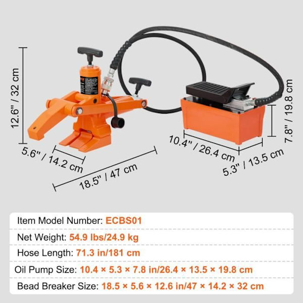 Hydraulisk pärlbrytare - VEVOR - 470 × 142 × 320 mm, Max. Tryck 10 000 psi, 24,9 kg, slanglängd 1810 mm