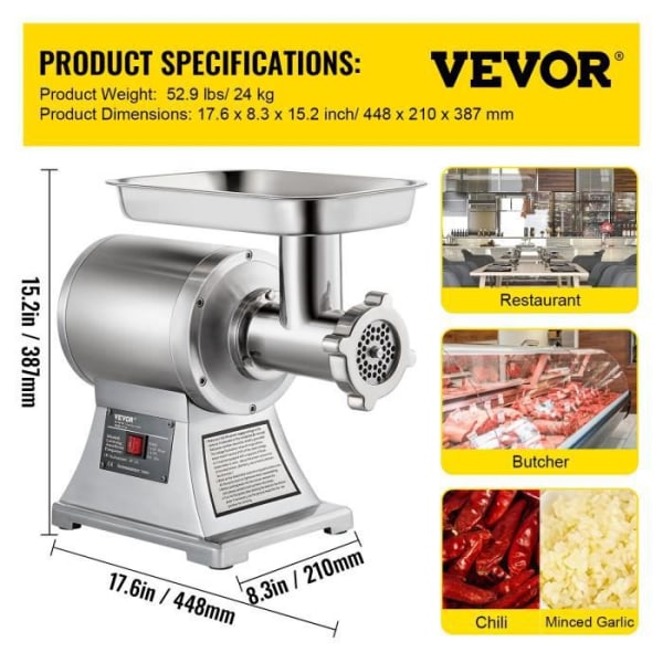 Professionell elektrisk köttkvarn - VEVOR - 150 kg-h - 1100 W - Korvmaskin - Grönsaksskärning