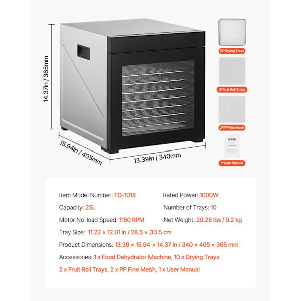 Livsmedelstorkare-VEVOR-10 Brickor-Elstorkare Mat 1000 W-Justerbar Temperatur-24 timmars Timer