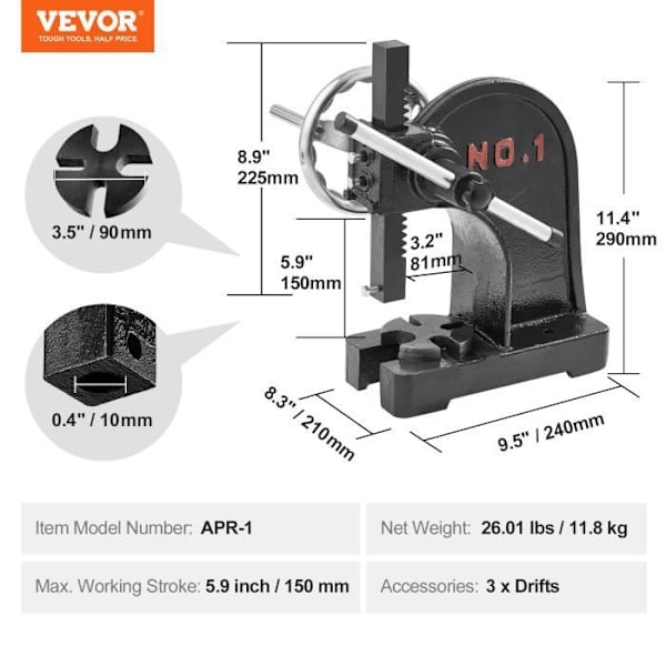 Rackpress - VEVOR - 240 x 210 x 290 mm, 11,8 kg, med spak och handratt, maxhöjd 15 cm, för stämpling, vikning