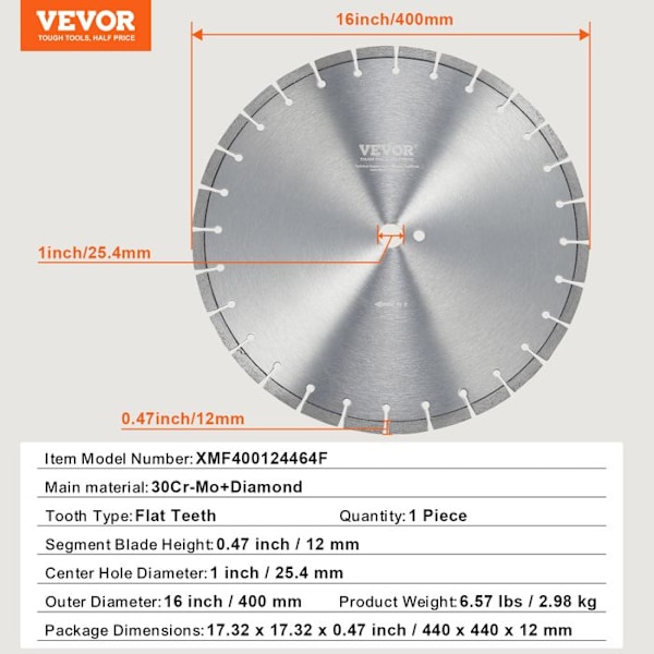 Diamantkapskiva 400 mm - VEVOR - Betongsågblad med 12 mm vågiga tänder - för betong, kakel, tegel