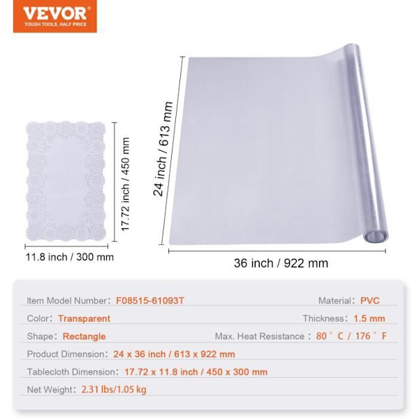 Transparent Vattentät duk - VEVOR - Transparent rektangel bordsduk PVC bordsskydd 61,3x92,2x1,5 mm