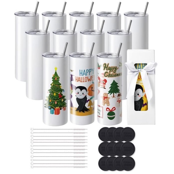 Set med 12 sublimeringstermoskoppar-VEVOR-95 cL-Tunnt och rakt-rostfritt stål, tomt lock och halm, presentförpackning