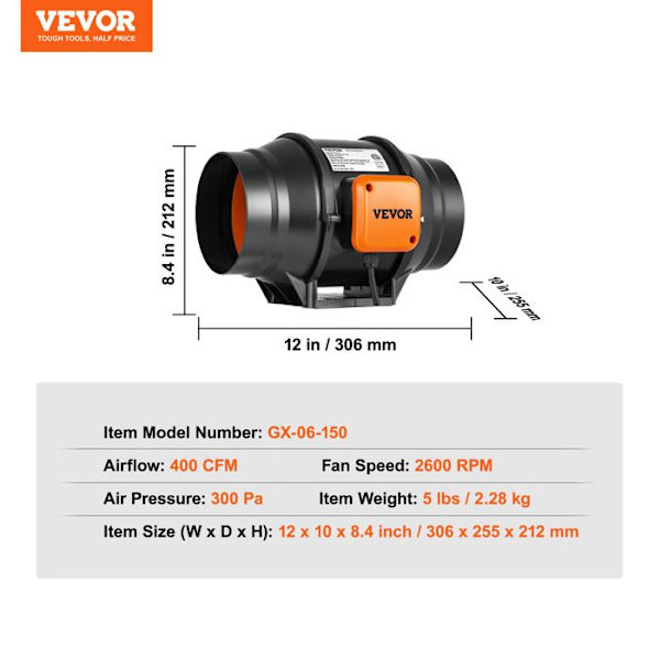 Inline kanalfläkt-VEVOR-152,4 mm, tyst luftutsug 550m³/h Variabel hastighetskontroll AC-motor