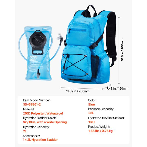 Vattenryggsäck-VEVOR-25 L-med 2 L TPU-vattenficka-för vandring, löpning, cykling, camping-Blå Blå