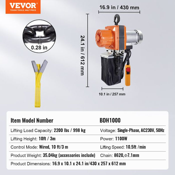 Elektrisk kättingtelfer-VEVOR-Lastkapacitet 998 kg-Max lyfthöjd 3 m, 1100 W-för garage, verkstad, hotell, hem