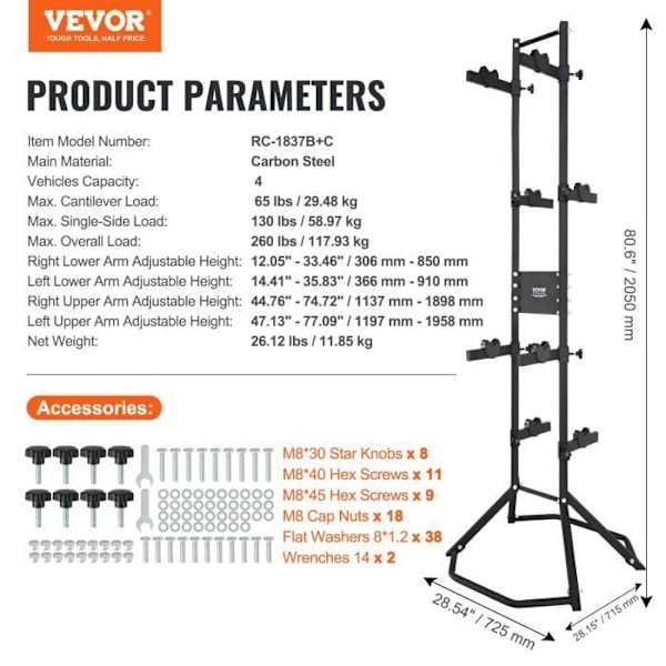 Inomhus cykelställ - VEVOR - kolstål, Last 117,93 kg, Justerbar tyngdkraft, svart, för garage, vardagsrum, bod