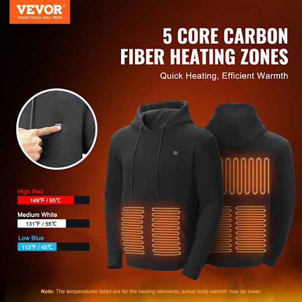 Uppvärmd hoodie-VEVOR-13 W-Unisex värmejacka med dragkedja och 5 värmezoner Svart jag