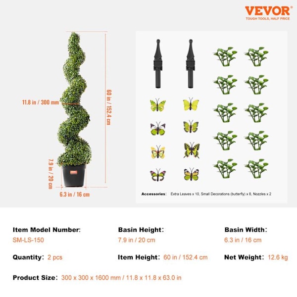 Konstgjord buxbom - VEVOR - 60" falska topiary-träd med extra löv och kruka - för utomhusdekor inomhus