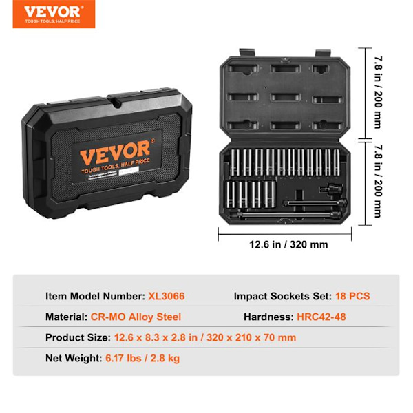 Deep Impact Socket Set - VEVOR - Metrisk 8-22 mm - 18 delar - för fordonsunderhåll, tydliga markeringar