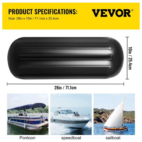 Stänkskärmar-VEVOR-4st-10"x28"-Mellanhål-4 rep-Lätt blåsa upp-Installera-Skydda kanoter Pontonger Båtar Dock-Svart