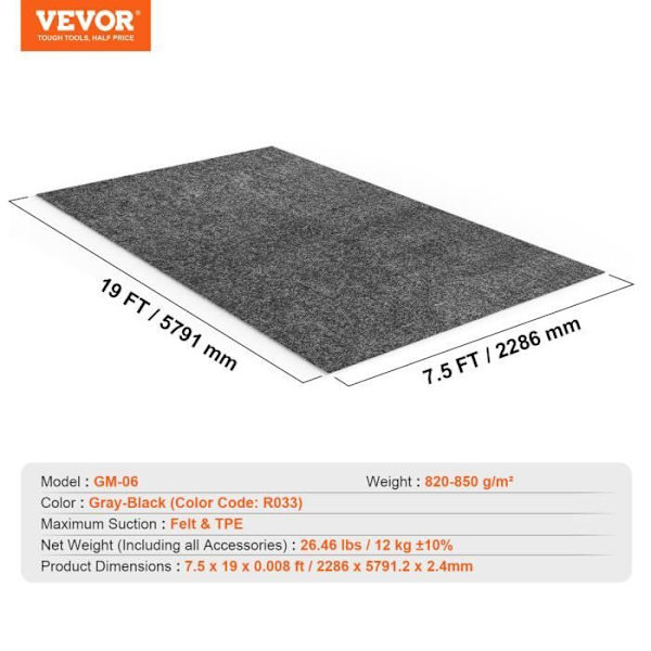 Bilgaragematta-VEVOR-Grå-Svart2286x5791.2x2.4mm-Skydd Halkfri Vattentät Vatten Snö Regn Lera Oljebilar