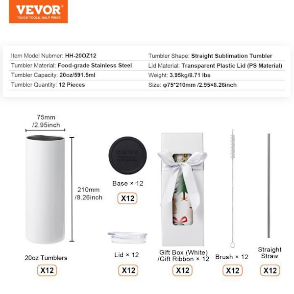 Set med 12 sublimeringstermoskoppar-VEVOR-95 cL-Tunnt och rakt-rostfritt stål, tomt lock och halm, presentförpackning