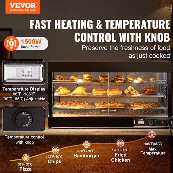 Värmeskåp Kommersiellt 3 Nivåer-VEVOR-Varmhållningsdisk 1500 W-Dampvärme 30-85 ℃-80 L