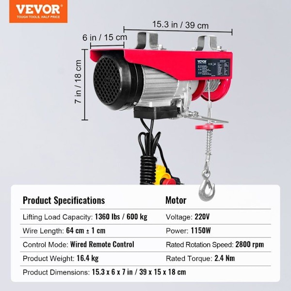 Elektrisk vinsch 600 KG - VEVOR - Kabellyft 1150 W Vinsch-hiss 10 m/min