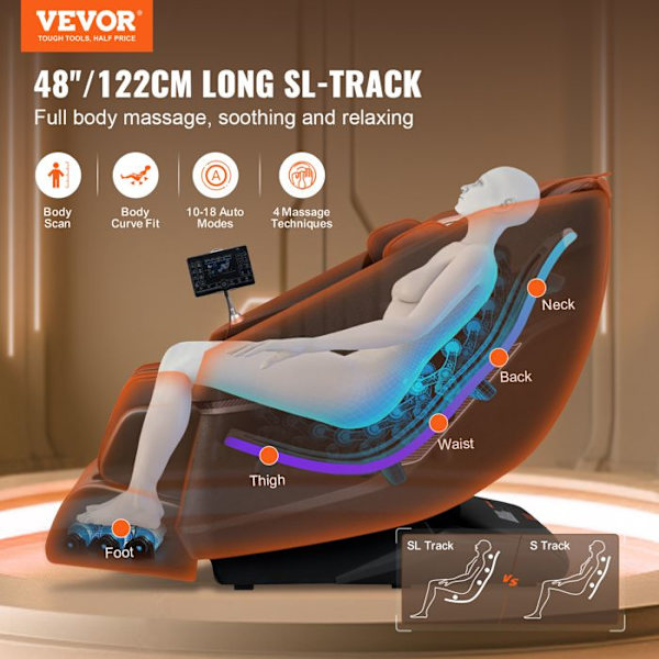 Massagestol med SL Flexible Track - VEVOR - 3D Shiatsu Massager - Uppvärmning, Bluetooth-högtalare, Luftkudde