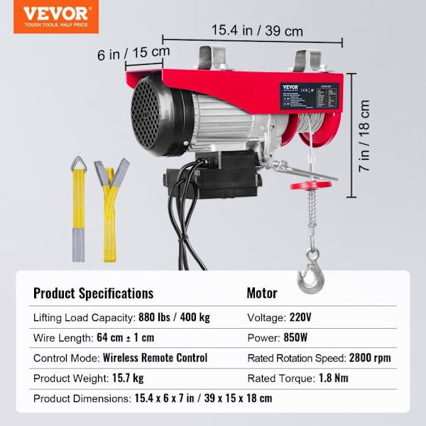 Elektrisk vinschlyft 400 KG - VEVOR - Kabellyft 850 W Vinschlyft 10 m/min