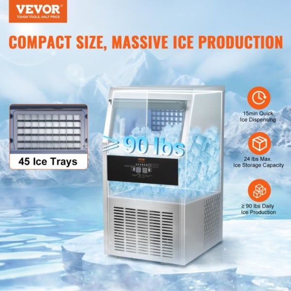 Ice Cube Machine - VEVOR - Kommersiell Ice Cube Machine 41kg/24h Självrengörande 45 fack Hem Bar