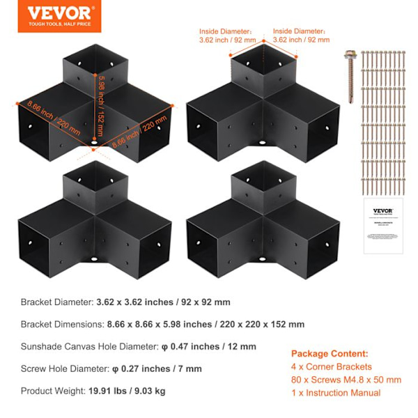Pergola Support Kit-VEVOR-220 x 220 x 152 mm-Trästolpsstöd för snickerier, terrasspergolor