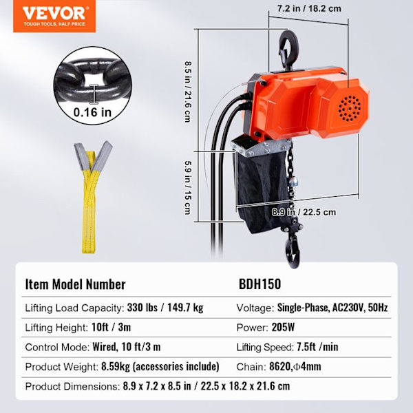 Elektrisk kedjetelfer - VEVOR - Lastkapacitet 149,7 kg - Max lyfthöjd 3 m, 205 W - för garage, verkstad, hotell, hem