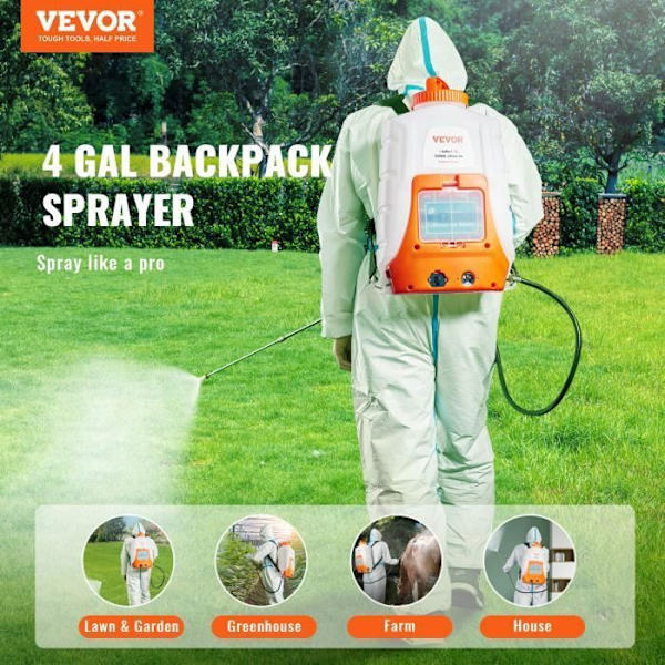 Elektrisk spruta - VEVOR - Elektrisk ryggsäcksspruta med batteri 15L tank 4,1L-min 0-6,2bar