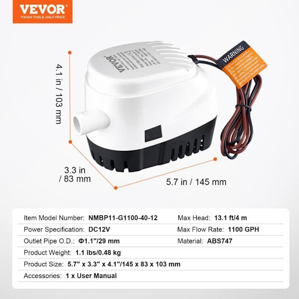Länspump - VEVOR - 145 x 83 x 103 mm Elektrisk båt länssump vattenpump 1100GPH 12V, för simbassänger, källare