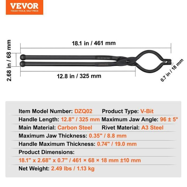 Smidestång - VEVOR - Kolstål V-formad smedtång 46 cm, Kolstål ± 10 mm, 1,13 kg