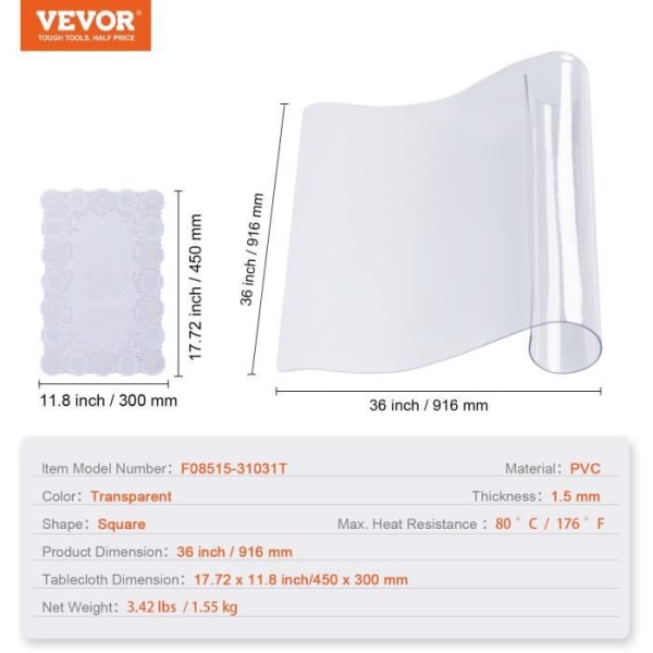 Transparent Vattentät duk - VEVOR - Transparent fyrkantig duk PVC bordsskydd 91,6x91,6x1,5 mm