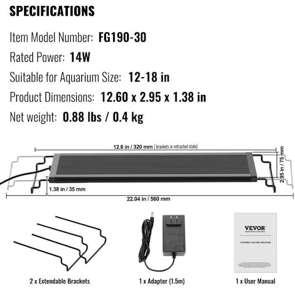 Akvariumbelysning-VEVOR-14W, Full Spectrum Aquarium Lamp, 24-7 Natural Mode-för 12-18 tums sötvattentank