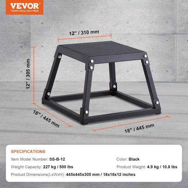 Bodybuilding Jump Box - VEVOR - 445x445x305 mm, Belastning 227 kg, Svart, Halkfri plattform, För träning hemmagym
