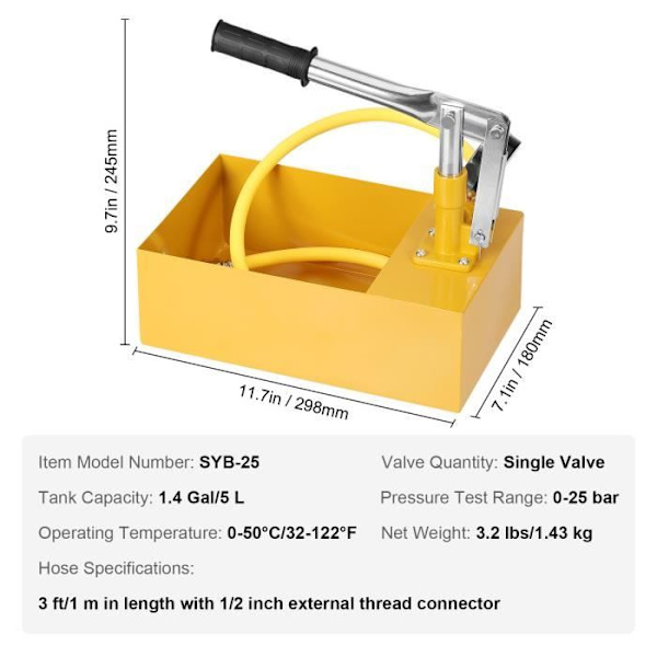 Trycktestpump - VEVOR - Hydrostatisk hydraulisk manuell enkelventil 25bar med 5 L vattentank 1 m slang