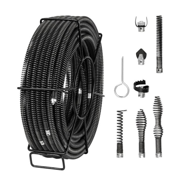Avloppsrengöringskabel-VEVOR-30 m x 16 mm,7 skär för rör 20-100 mm-för diskho, golvbrunn, toalett