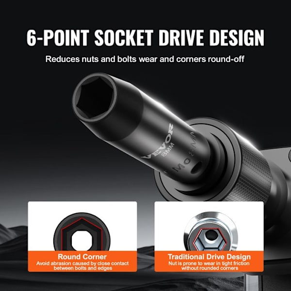 Deep Impact Socket Set - VEVOR - Metrisk 8-22 mm - 18 delar - för fordonsunderhåll, tydliga markeringar
