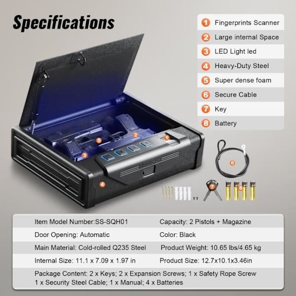 Pistol Safe - VEVOR - 2 Pistol Safe Biometrisk Triple Unlock Safe