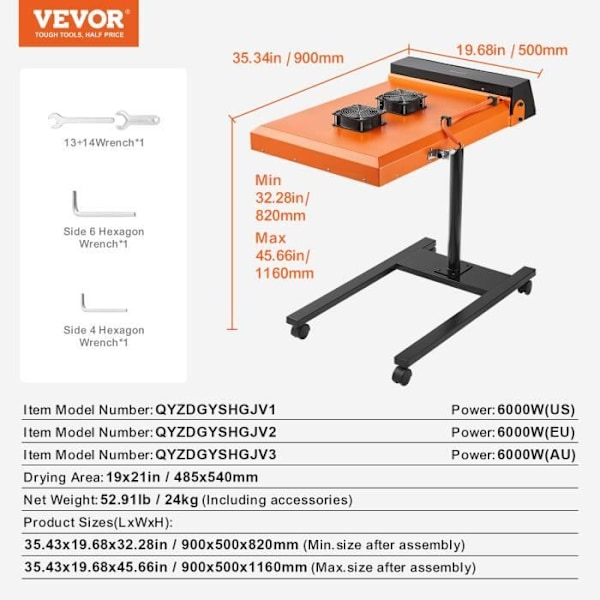 Flash Tork för screentryck - VEVOR - 6000 W 48,5x54 cm Automatisk infraröd, med sensor, justerbar höjd