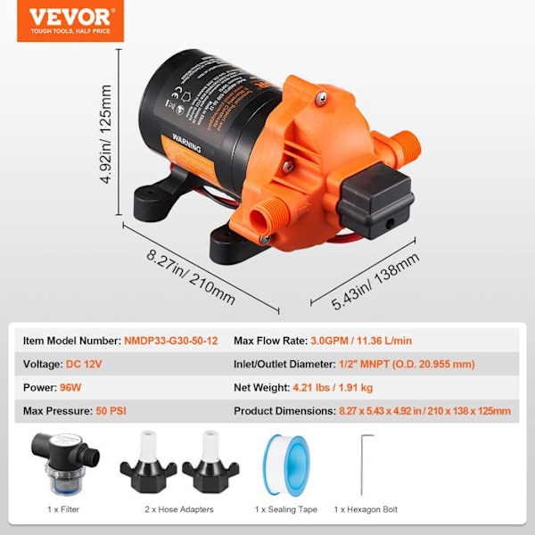 Membranpump - VEVOR - NMDP33-G30-50-12 - 11,36 L/min - 50 PSI - 12 V DC