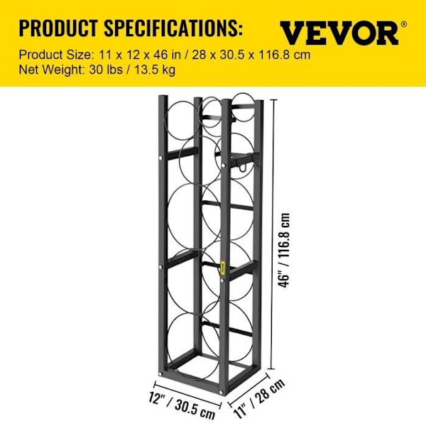 Köldmediestöd - VEVOR - 116,8x30,5x28 cm, med 3 små flaskor, för lagring av kväve och syrgas