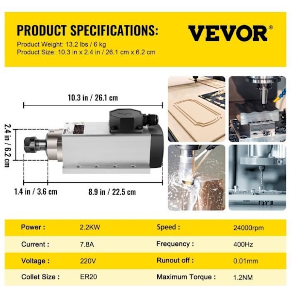 Spindelmotor-VEVOR-luftkyld fyrkantig 2,2 kW Spindelmotor 24000 RPM ER20-för gravyrmaskin Frekvensomvandlare