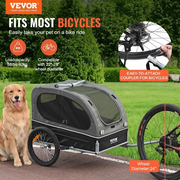 Husdjurscykelsläp-VEVOR-Belastning40kg-Svart-Grå800x535x530mm-Lätt hopfällbar ram Universal cykelkopplingsreflektorer