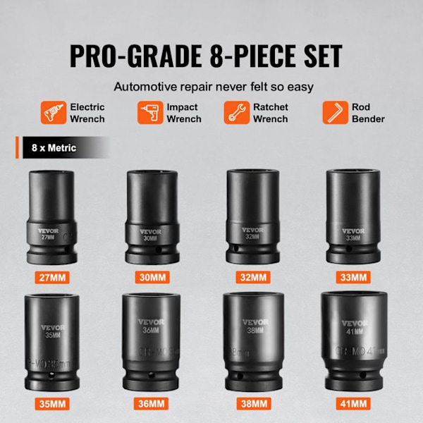 1" Deep Impact Socket Set Metrisk 27-41 mm-VEVOR-8PCs Spärrnyckelsats - för bilreparation, verkstad