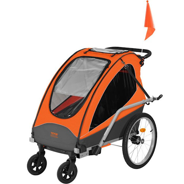 Cykelsläp för barn-VEVOR-dubbelsits, last 55 kg, 2-i-1 kapellhållare förvandlas till barnvagn, orangegrå