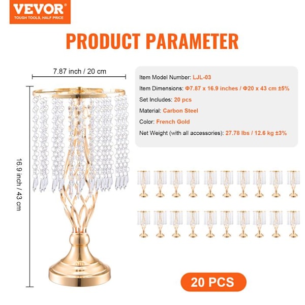Bröllopsvas-VEVOR-Set med 20-bröllopsblomsterhållare 43 cm hög för bröllopsmiddag, ceremoni, jubileum