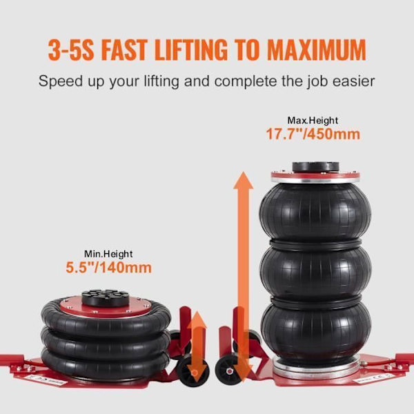 3 T pneumatisk domkraft - VEVOR - Billyft domkraft 14-45 cm 3 luftkuddar - röd