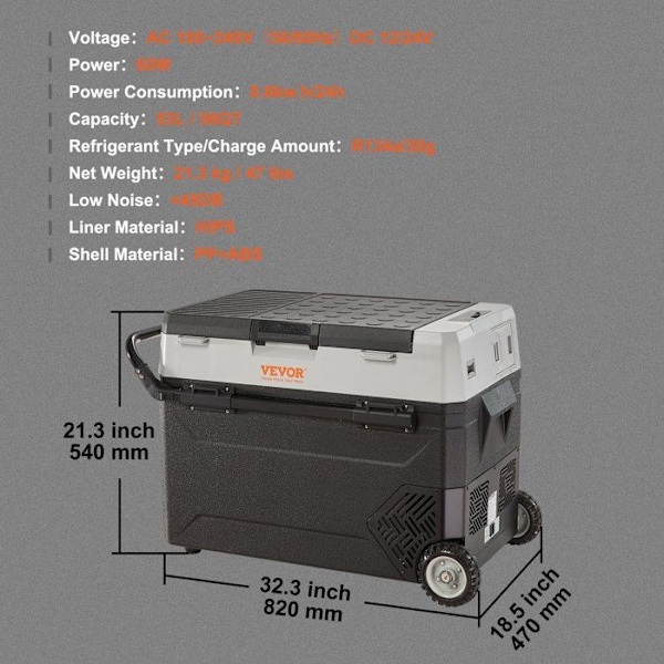 53 L Bärbar elektrisk kylbox - VEVOR - Bilkylskåp med dubbla zoner - 0,6 kW.h -20°C till 10°C Justerbar