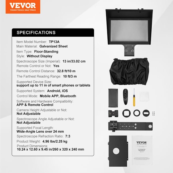"Téléprompter 13" Aluminiumlegering-VEVOR-med Justerbart Spektroskop, Fjärrkontroll-för YouTube, Twitch, Zoom"