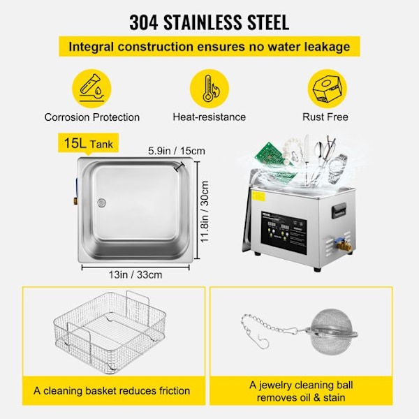 Digital Ultrasonic Cleaner-VEVOR 15 L, 600 W uppvärmning, 360 W ultraljud, ultraljudsbricka med värme och timer