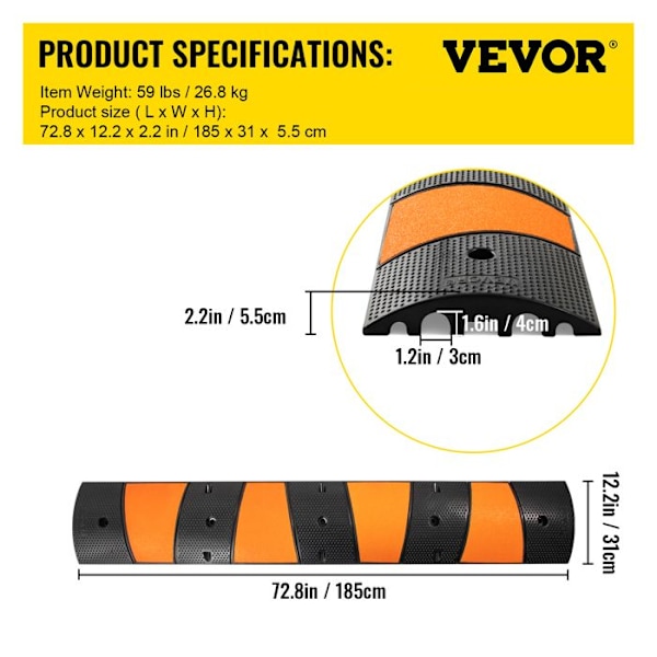 Kabelskyddsramp - VEVOR - 60 lb belastning - för asfalt, betong eller grusytor - 6 fot