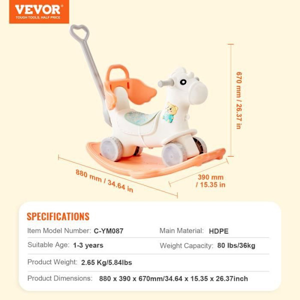 Gunghäst - VEVOR - 880 x 390 x 670 mm 4 i 1 gungleksak barn 1-3 år med röd bräda lastkapacitet 36 kg