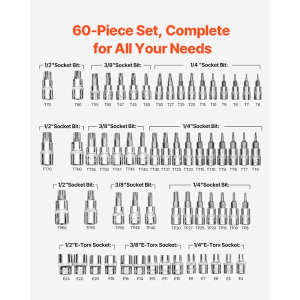 Torx- och Externa Torx Hylssats 60PCs-VEVOR-Hylssats-T6-T70, TT6-TT70, TP8-TP60-Drivningar 1/4, 3/8 och 1/2 tum